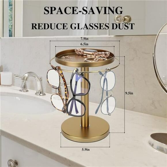 360 Rotating Sunglass Organizer Stand Gold Metal Holder with Jewelry Tray - Picture 6 of 7